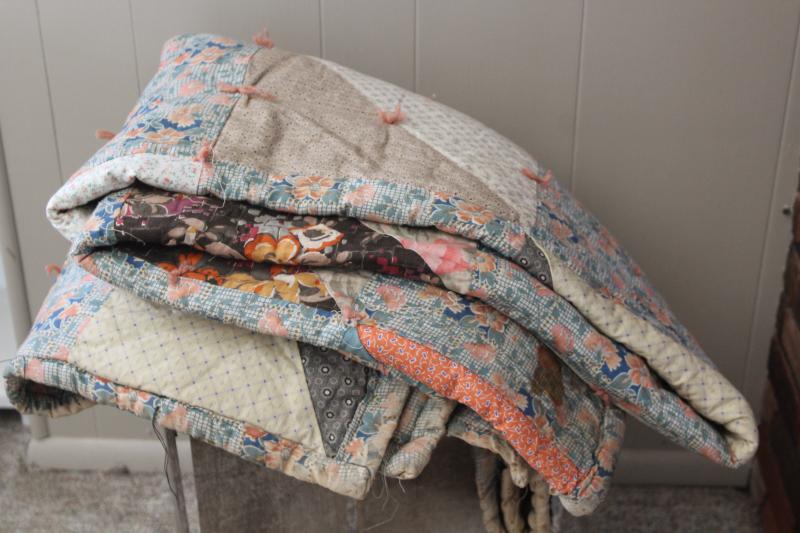 photo of antique patchwork tied quilt, early 1900s vintage cotton fabrics comforter bedspread #21