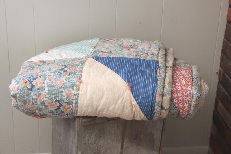 photo of antique patchwork tied quilt, early 1900s vintage cotton fabrics comforter bedspread #24