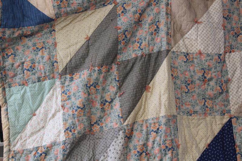 photo of antique patchwork tied quilt, early 1900s vintage cotton fabrics comforter bedspread #25