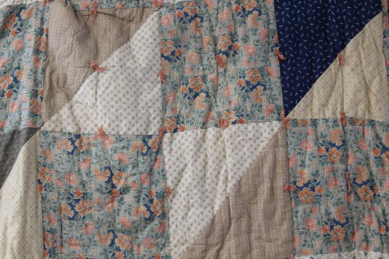 photo of antique patchwork tied quilt, early 1900s vintage cotton fabrics comforter bedspread #26