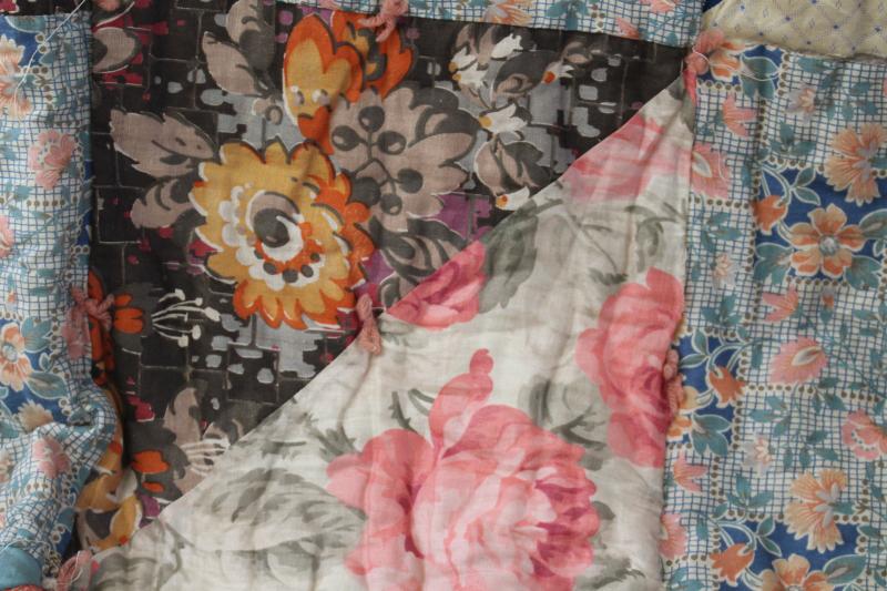 photo of antique patchwork tied quilt, early 1900s vintage cotton fabrics comforter bedspread #29