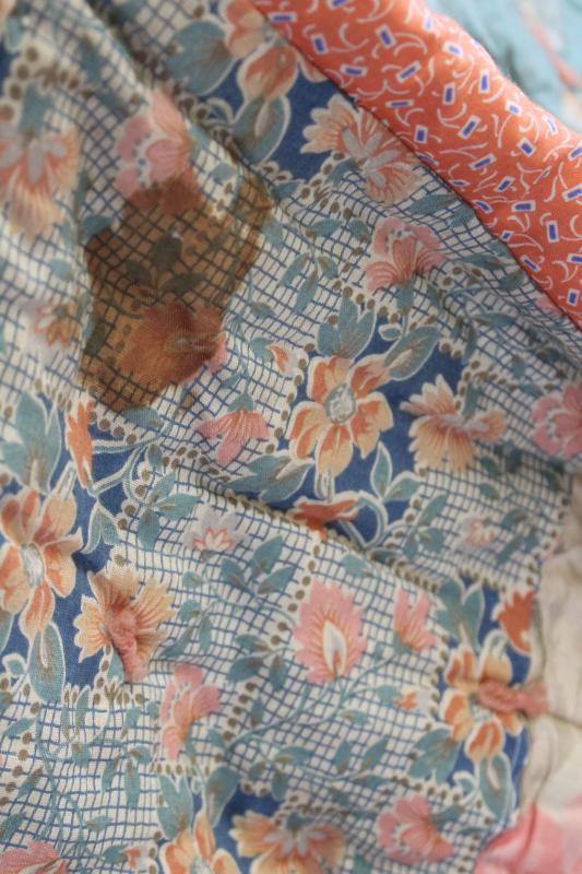 photo of antique patchwork tied quilt, early 1900s vintage cotton fabrics comforter bedspread #30