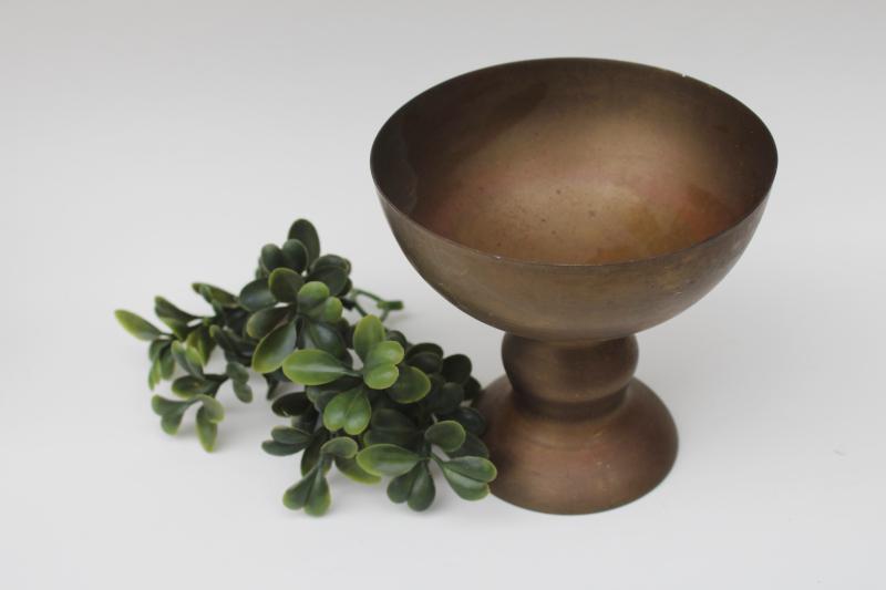 photo of antique patina tarnished vintage brass chalice - large goblet, pedestal bowl or cup #1