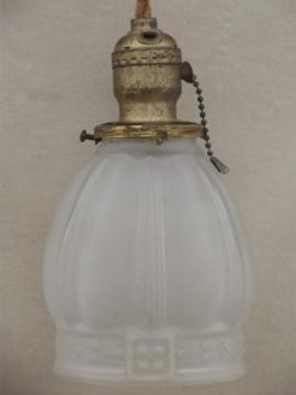 catalog photo of antique pendant light, Hubbell hardware pull chain lamp w/ glass shade