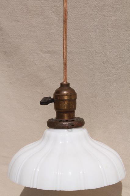 photo of antique pendant light fixture, industrial hanging bulb socket w/ vintage milk glass shade #1