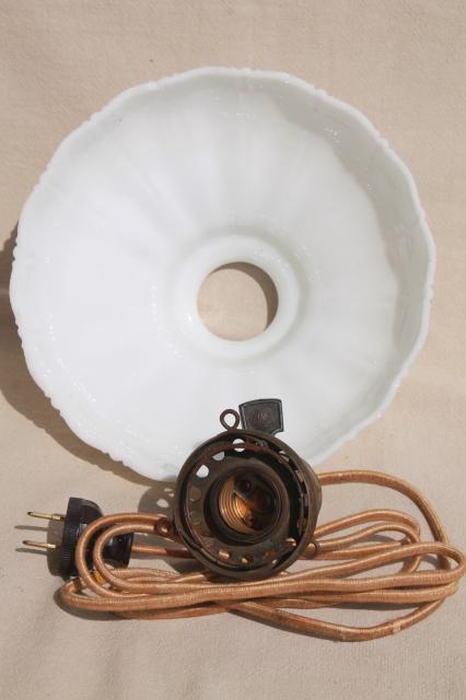 photo of antique pendant light fixture, industrial hanging bulb socket w/ vintage milk glass shade #2