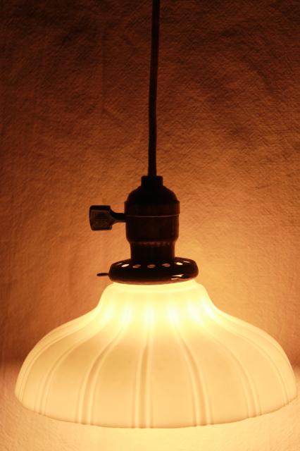 photo of antique pendant light fixture, industrial hanging bulb socket w/ vintage milk glass shade #3