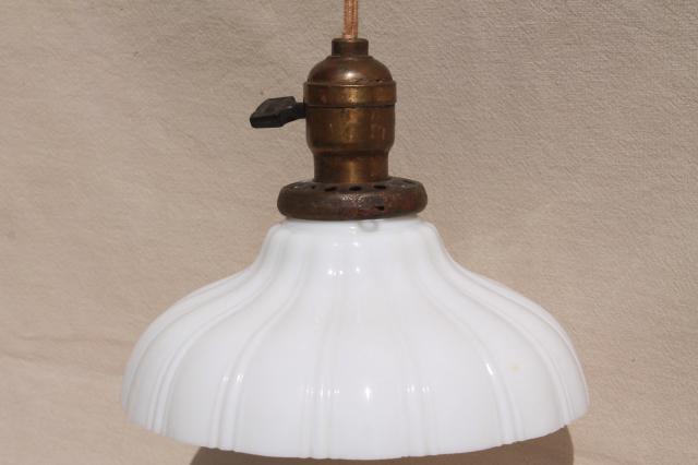 photo of antique pendant light fixture, industrial hanging bulb socket w/ vintage milk glass shade #5