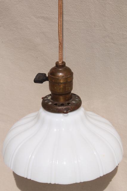 photo of antique pendant light fixture, industrial hanging bulb socket w/ vintage milk glass shade #6