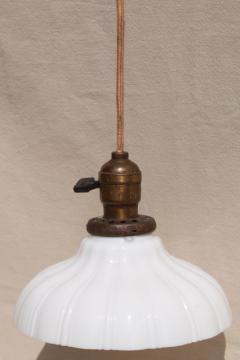 catalog photo of antique pendant light fixture, industrial hanging bulb socket w/ vintage milk glass shade