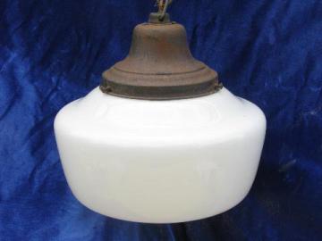 catalog photo of antique pendant light, original hardware, vintage glass schoolhouse shade