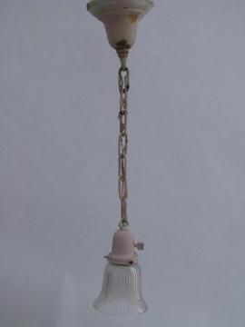 catalog photo of antique pendant light, vintage hardware & socket , prismatic glass shade