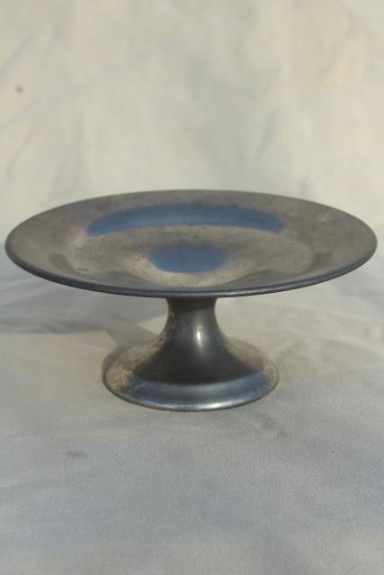 photo of antique pewter compote, pedestal stand fruit plate, vintage Ray Silver early 1900s #1