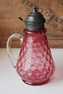 catalog photo of antique pewter cranberry glass syrup pitcher, thumbprint pattern blown glass EAPG vintage