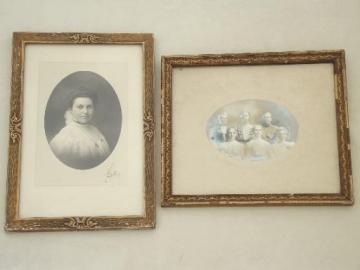 catalog photo of antique photos in  shabby old gold wood frames, pretty girls circa 1900