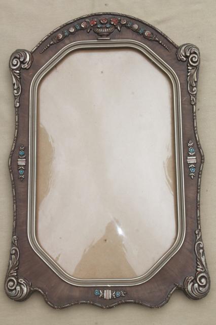 photo of antique picture frame w/ rectangular convex glass & beautiful original paint gesso #1