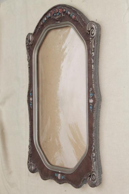 photo of antique picture frame w/ rectangular convex glass & beautiful original paint gesso #9