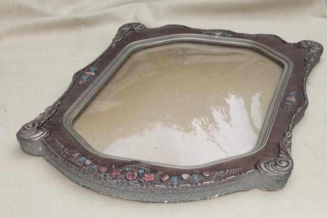 photo of antique picture frame w/ rectangular convex glass & beautiful original paint gesso #11