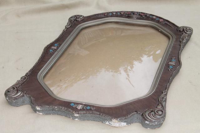 photo of antique picture frame w/ rectangular convex glass & beautiful original paint gesso #12