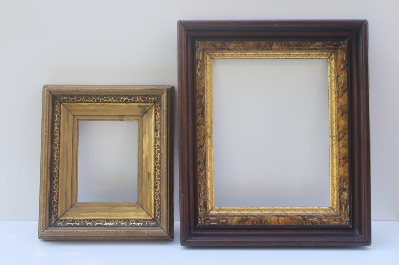 photo of antique picture frames, deep well wood frames w/ marbled grain, gold tortoise spotted painted finish  #1