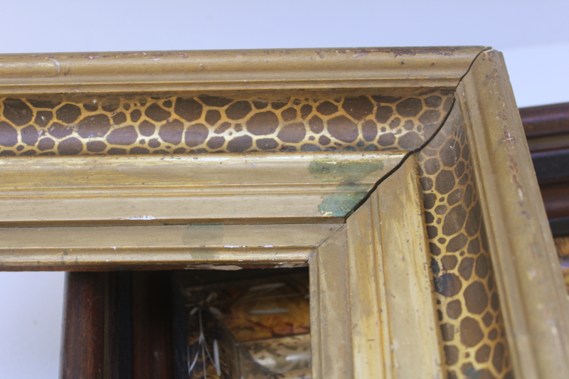 photo of antique picture frames, deep well wood frames w/ marbled grain, gold tortoise spotted painted finish  #9