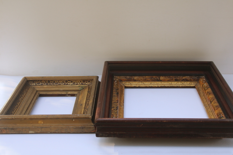 photo of antique picture frames, deep well wood frames w/ marbled grain, gold tortoise spotted painted finish  #11