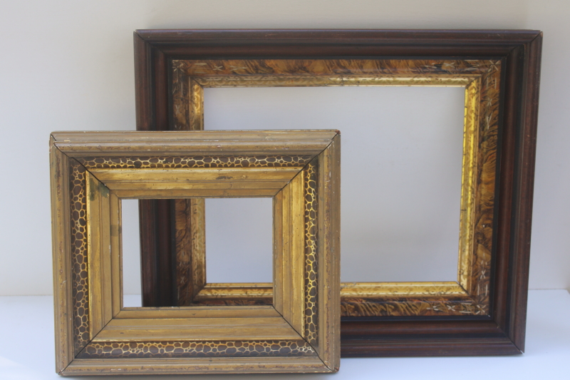 photo of antique picture frames, deep well wood frames w/ marbled grain, gold tortoise spotted painted finish  #13