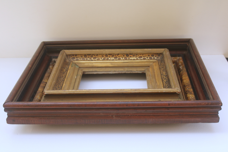 photo of antique picture frames, deep well wood frames w/ marbled grain, gold tortoise spotted painted finish  #15