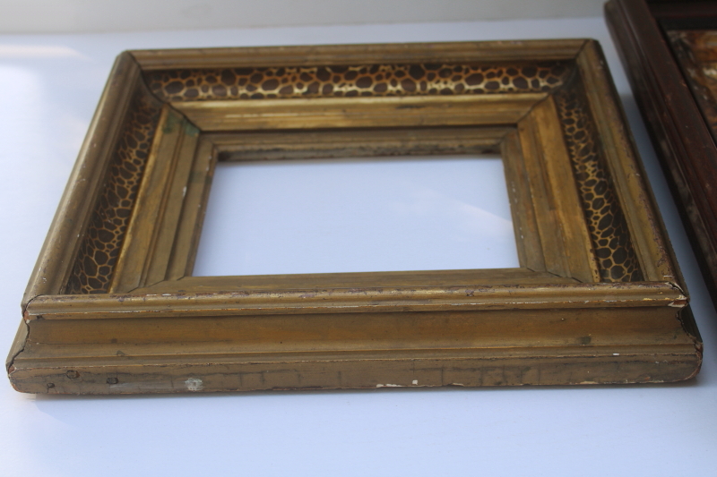 photo of antique picture frames, deep well wood frames w/ marbled grain, gold tortoise spotted painted finish  #16