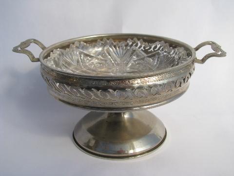 photo of antique pierced metal server w/ ornate pattern glass bowl, candy or nut dish #1