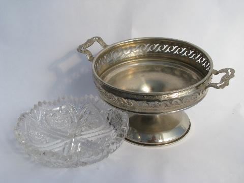 photo of antique pierced metal server w/ ornate pattern glass bowl, candy or nut dish #3