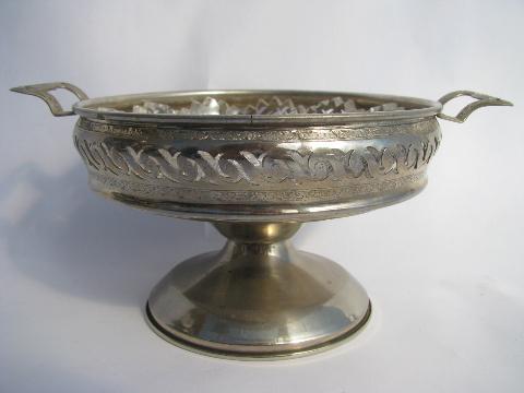 photo of antique pierced metal server w/ ornate pattern glass bowl, candy or nut dish #4