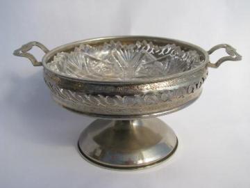 catalog photo of antique pierced metal server w/ ornate pattern glass bowl, candy or nut dish