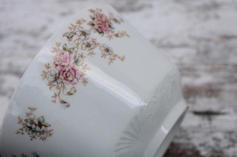 photo of antique pink blue teal brown floral Warwick china cranberry bowl, early 1900s vintage #3