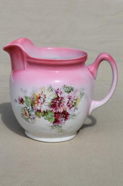 photo of antique pink floral china milk pitcher w/ early vintage TST pottery mark #1