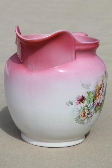 photo of antique pink floral china milk pitcher w/ early vintage TST pottery mark #3