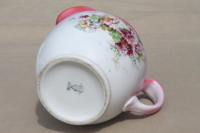 photo of antique pink floral china milk pitcher w/ early vintage TST pottery mark #7