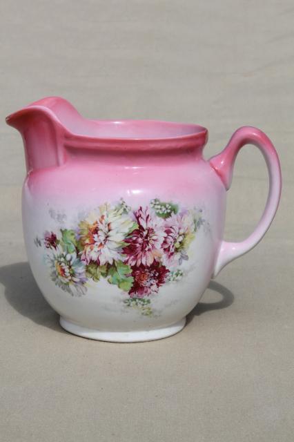 photo of antique pink floral china milk pitcher w/ early vintage TST pottery mark #8