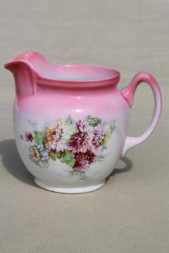 catalog photo of antique pink floral china milk pitcher w/ early vintage TST pottery mark