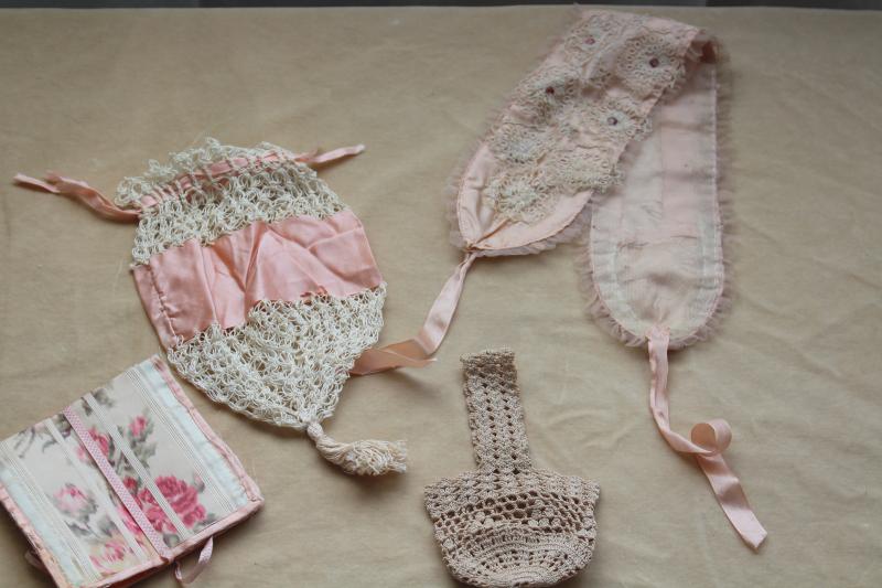 photo of antique pink silk & lace girls bonnet, purse, basket bag, flowered ribbon sewing kit #1