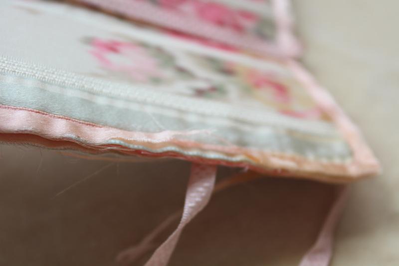 photo of antique pink silk & lace girls bonnet, purse, basket bag, flowered ribbon sewing kit #2