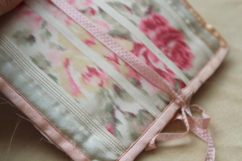 photo of antique pink silk & lace girls bonnet, purse, basket bag, flowered ribbon sewing kit #3