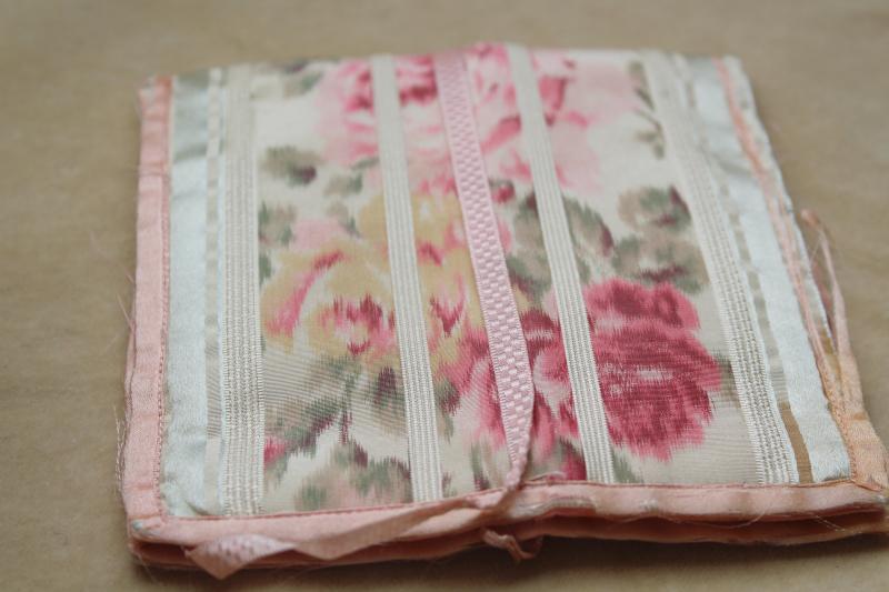 photo of antique pink silk & lace girls bonnet, purse, basket bag, flowered ribbon sewing kit #10