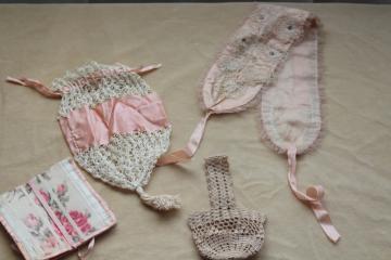 catalog photo of antique pink silk & lace girls bonnet, purse, basket bag, flowered ribbon sewing kit