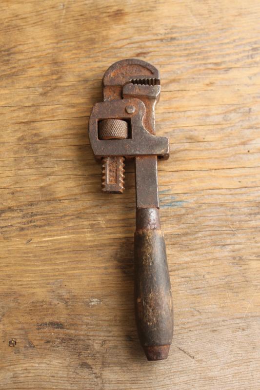 photo of antique pipe wrench w/ wood handle, Made in USA monkey wrench vintage hand tool #9