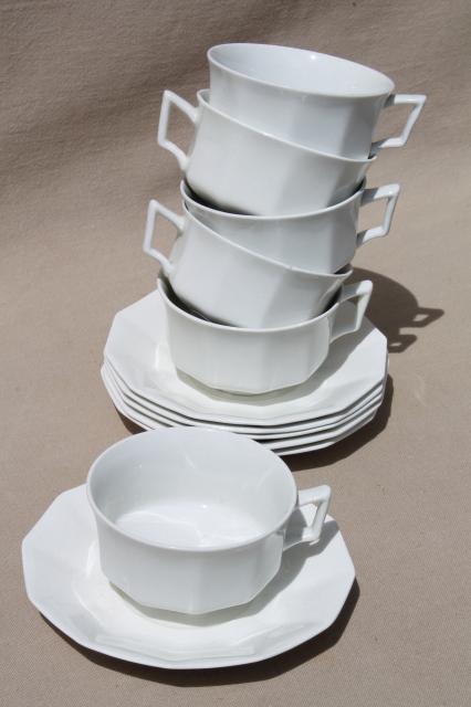 photo of antique plain white china cups & saucers set for 6, vintage Johnson Bros circa 1913 #1