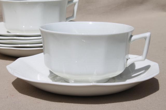 photo of antique plain white china cups & saucers set for 6, vintage Johnson Bros circa 1913 #4