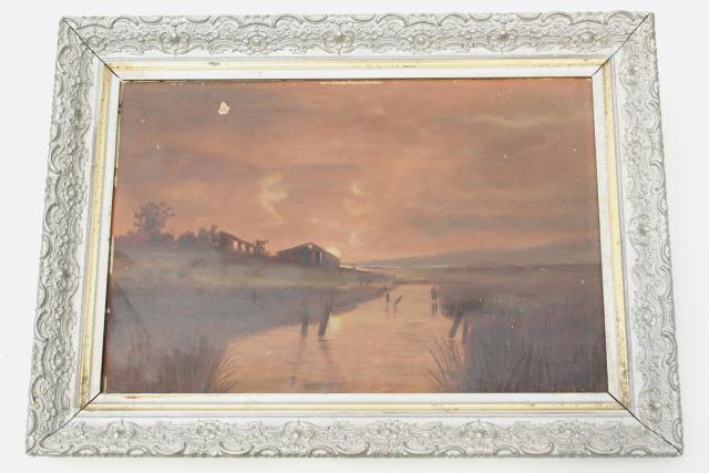 photo of antique plank back original painting, sunset landscape in ornate gesso picture frame #1