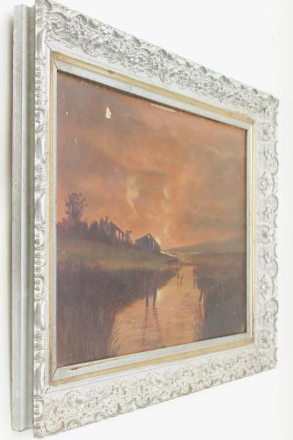 photo of antique plank back original painting, sunset landscape in ornate gesso picture frame #3