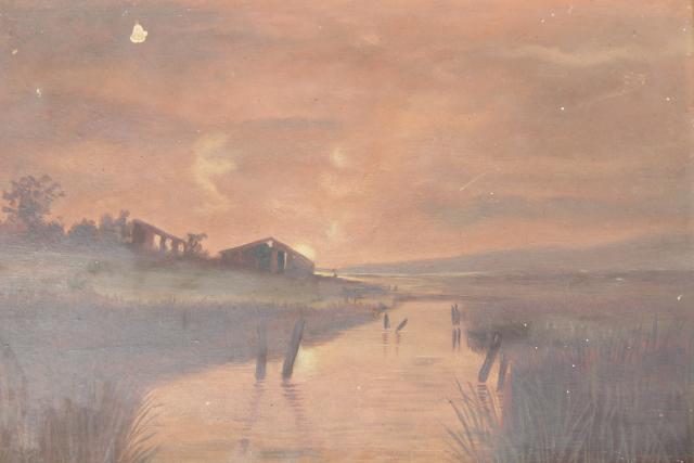 photo of antique plank back original painting, sunset landscape in ornate gesso picture frame #4